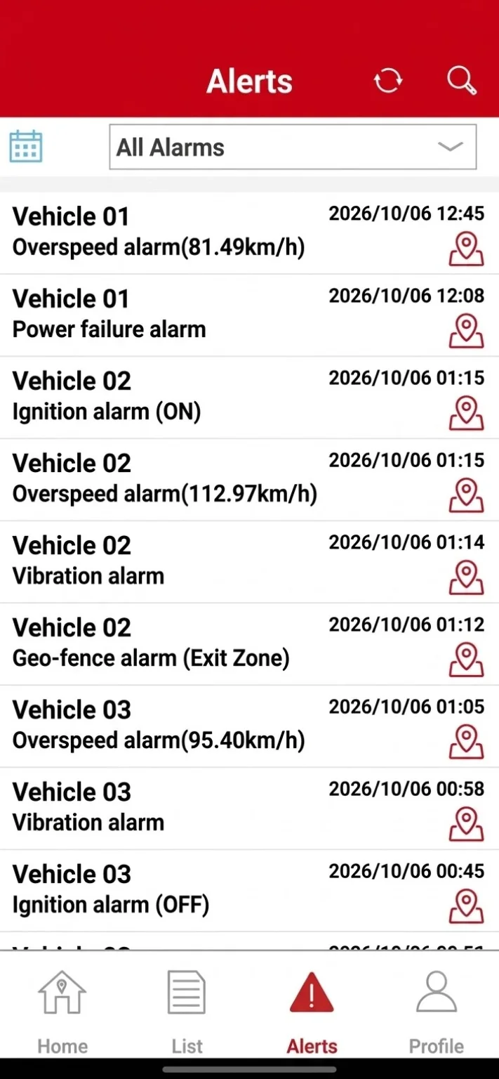 قائمة تنبيهات تجريبية في تطبيق GPS